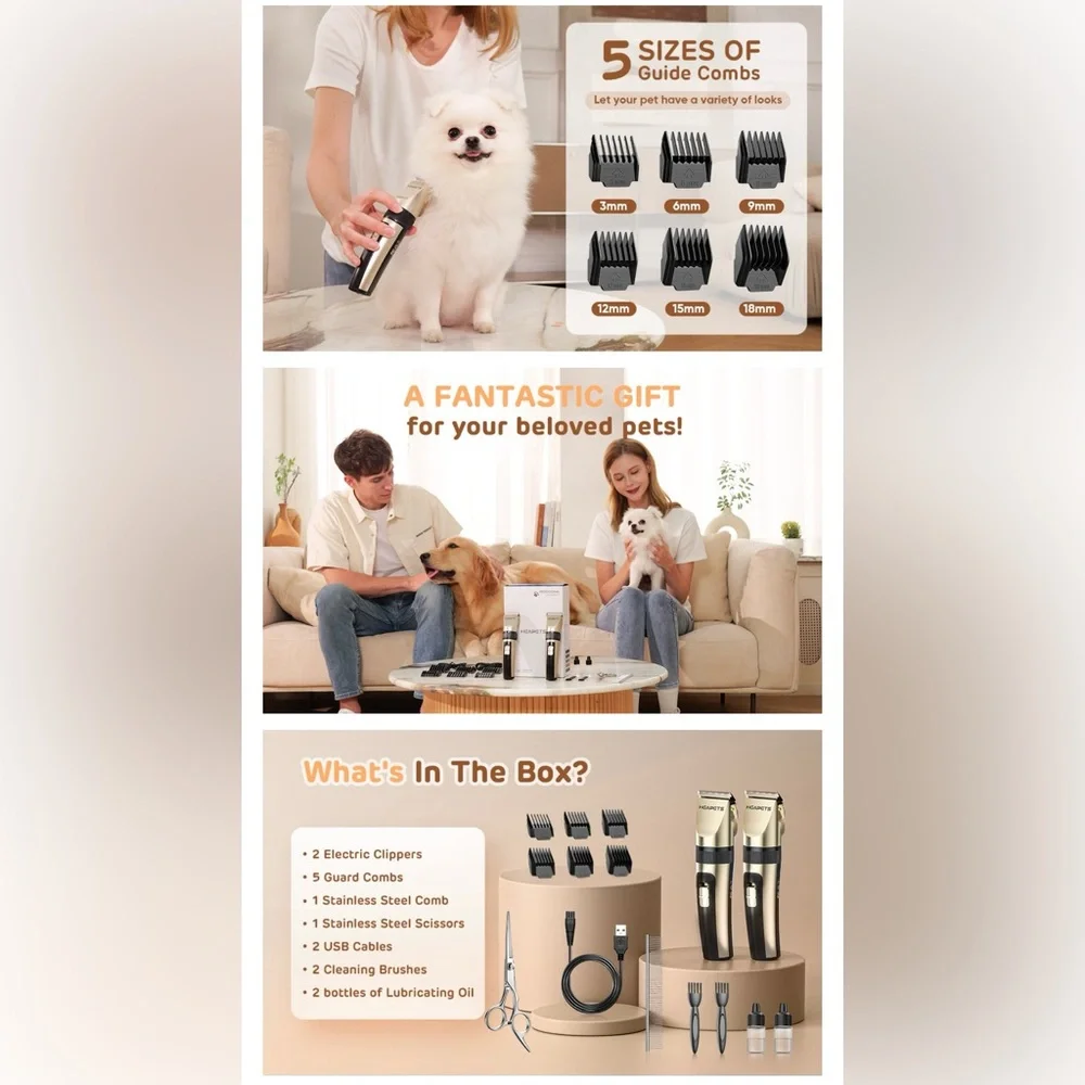 NIB~ TWO Dog/Cat Electric Clippers Grooming Kit Low Noise Rechargeable Cordless